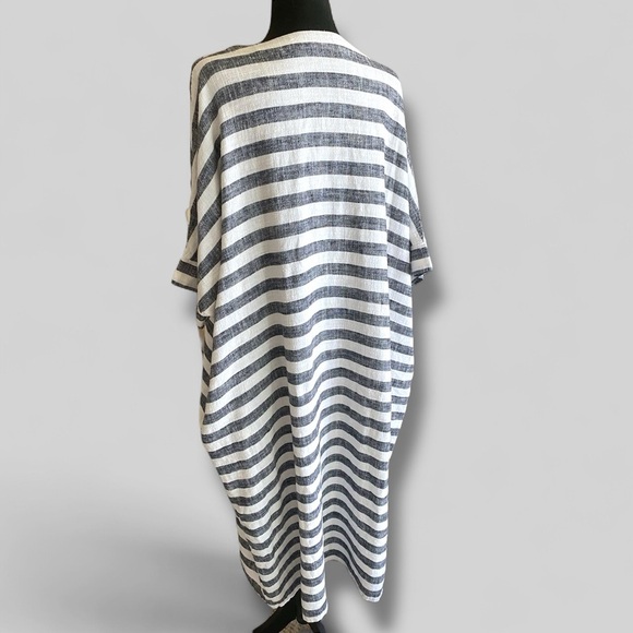 Linen Cotton Striped Caftan Maxi Dress Batwing Pockets Oversized OSFM 32” x 45” - Picture 7 of 16